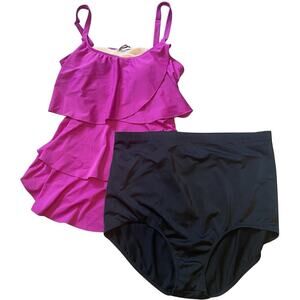 NWOT COLDWATER CREEK 2 Piece Swimsuit Women 16 Purple Top Black Bottom Ruffle